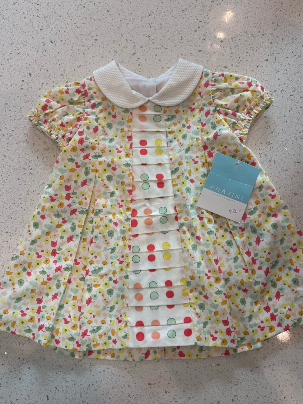 Anavini White Floral Peter Pan Collar Girls' Dress with Multicolor Dot Front